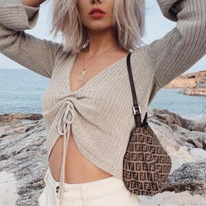 If She Loves Crop Top Long Sleeve Front Drawstring Trim Flounce | SIZE S